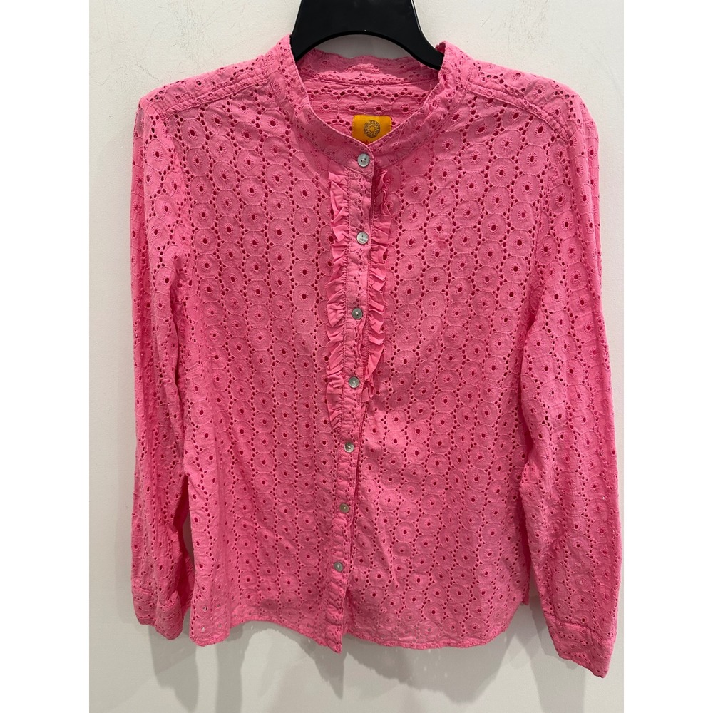 Ruby Rd Pink Eyelet Cotton Ruffle Button Down Shirt Mandarin Collar Size 16